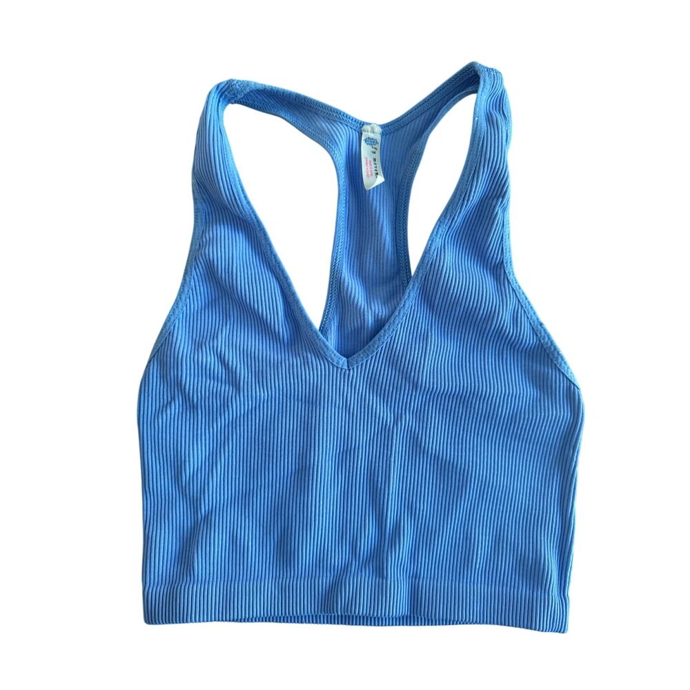 Free People Movement Good Karma Crop Top Bra Blue Ribbed Racerback Size Small